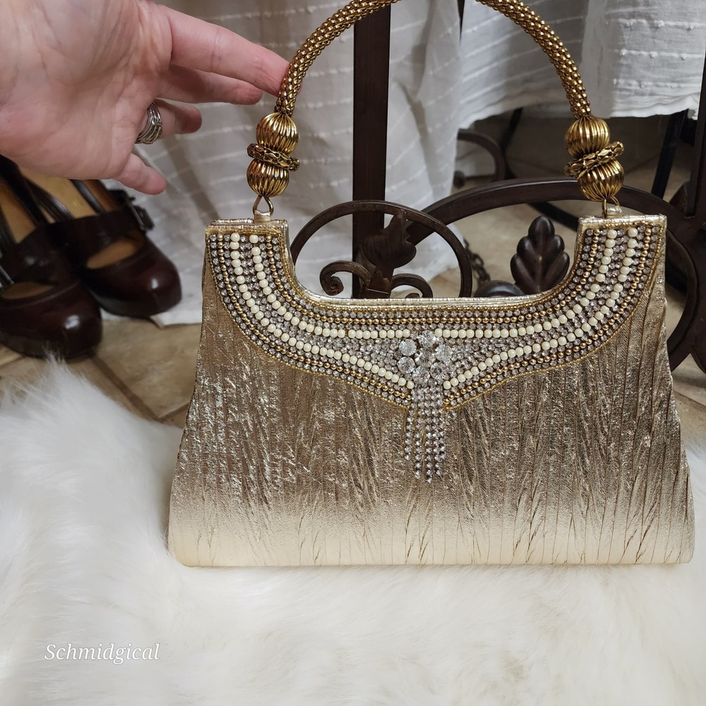 Gold Metallic Pleated Evening Bag Crystal Pearl Embellished Top Handle Clutch